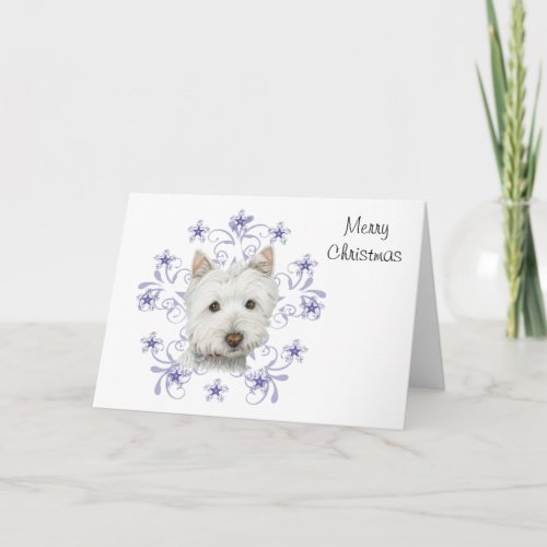 Christmas Cute Westie Dog Art and Snow flake Holiday Card