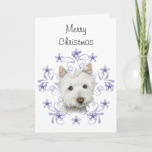 Christmas Cute Westie Dog Art and Snow flake Holiday Card
