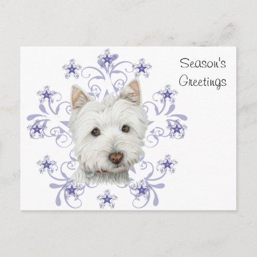 Christmas Cute Westie Dog Art and Snow flake Holiday Postcard