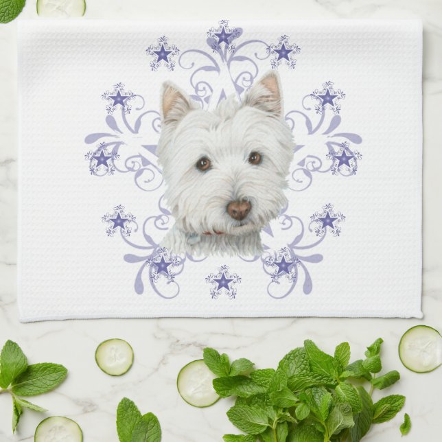 Christmas Cute Westie Dog Art and Snow flake Kitchen Towel (Folded)