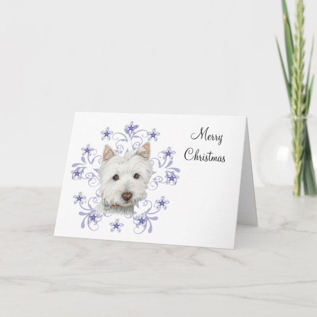 Christmas Cute Westie Dog Art and Snow flake stars Holiday Card (Front)