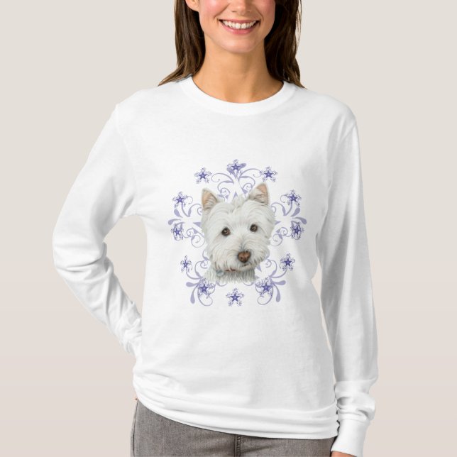 Christmas Cute Westie Dog Art and Snow flake stars T-Shirt (Front)