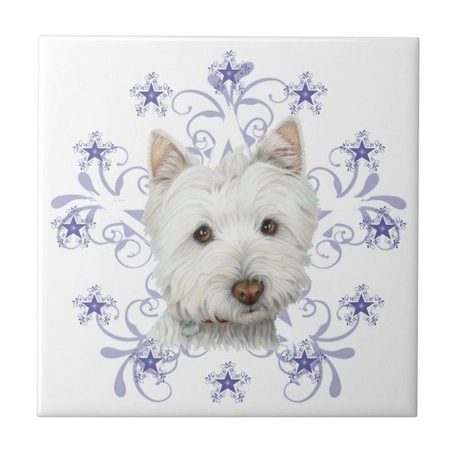Christmas Cute Westie Dog Art and Snow flake Tile (Front)
