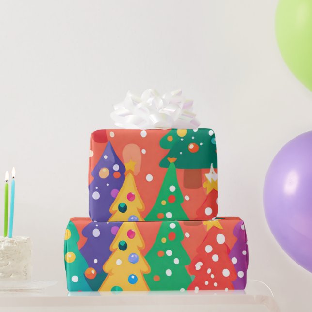 Christmas Cutest Cartoon Colorful Trees Wrapping Paper (Party Gifts)