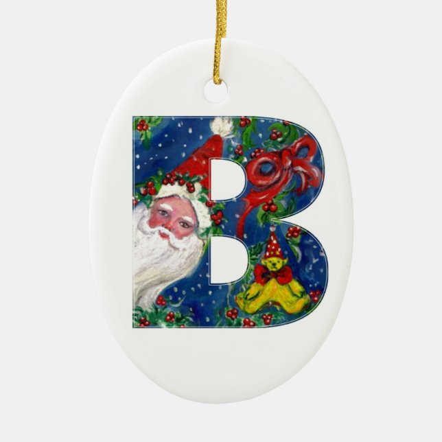 CHRISTMAS D LETTER / SANTA CLAUS WITH RED RIBBON CERAMIC ORNAMENT (Front)