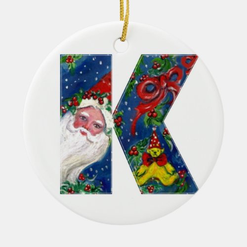 CHRISTMAS D LETTER  SANTA CLAUS WITH RED RIBBON CERAMIC ORNAMENT