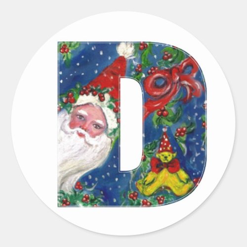 CHRISTMAS D LETTER  SANTA CLAUS WITH RED RIBBON CLASSIC ROUND STICKER
