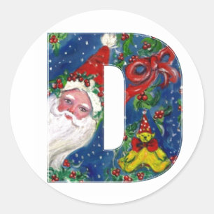 CHRISTMAS D LETTER / SANTA CLAUS WITH RED RIBBON CLASSIC ROUND STICKER