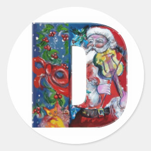 CHRISTMAS D LETTER / SANTA WITH VIOLIN MONOGRAM CLASSIC ROUND STICKER