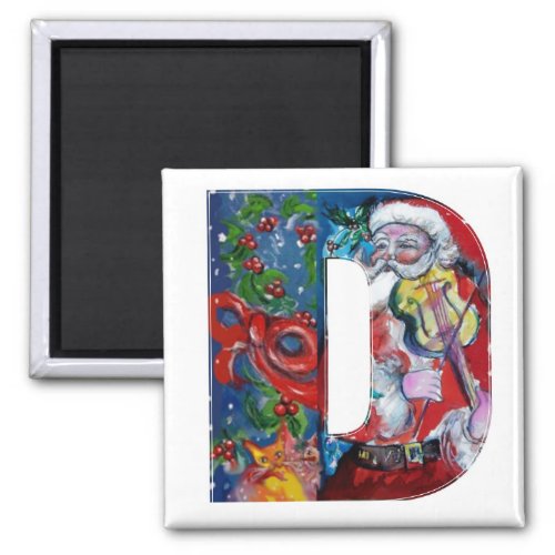 CHRISTMAS D LETTER  SANTA  WITH VIOLIN MONOGRAM MAGNET