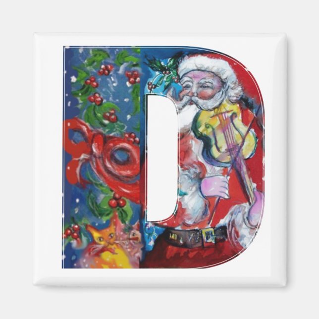 CHRISTMAS D LETTER / SANTA  WITH VIOLIN MONOGRAM MAGNET (Front)