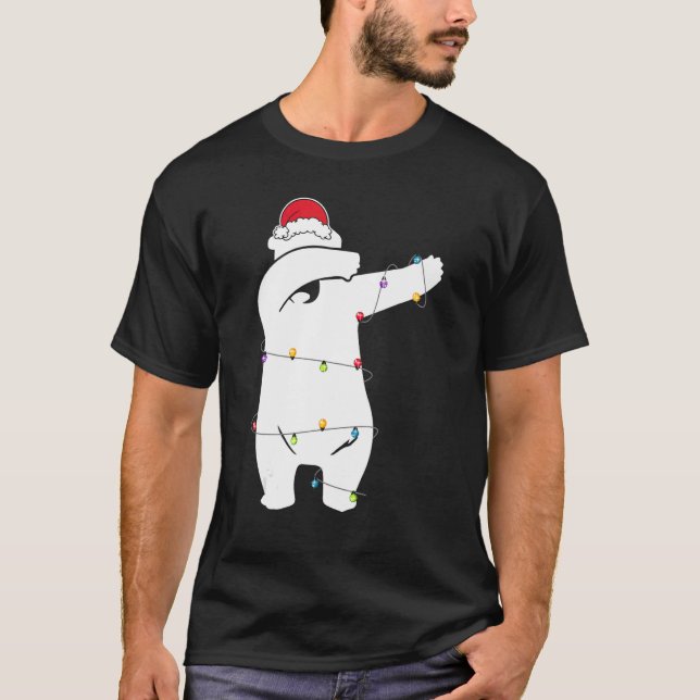 Christmas Dabbing Bear Lights Santa Hat For Kids B T-Shirt (Front)