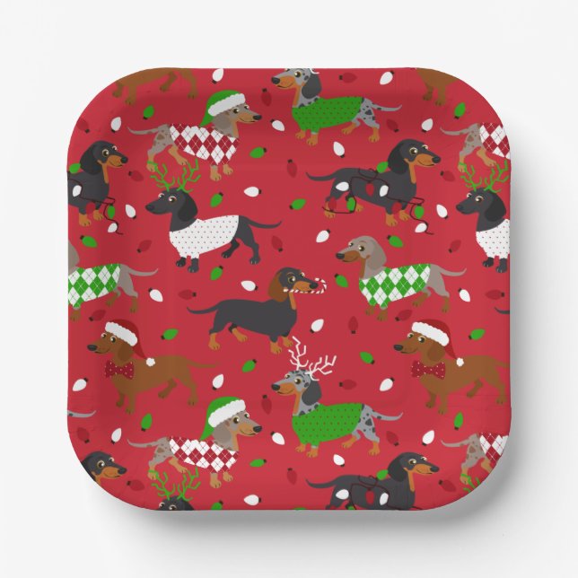 Christmas Dachshund All Coats Paper Plates (Front)