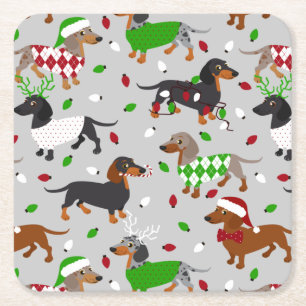 Christmas Dachshund All Coats Square Paper Coaster