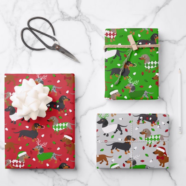 Christmas Dachshund All Coats Wrapping Paper Sheets (Front)