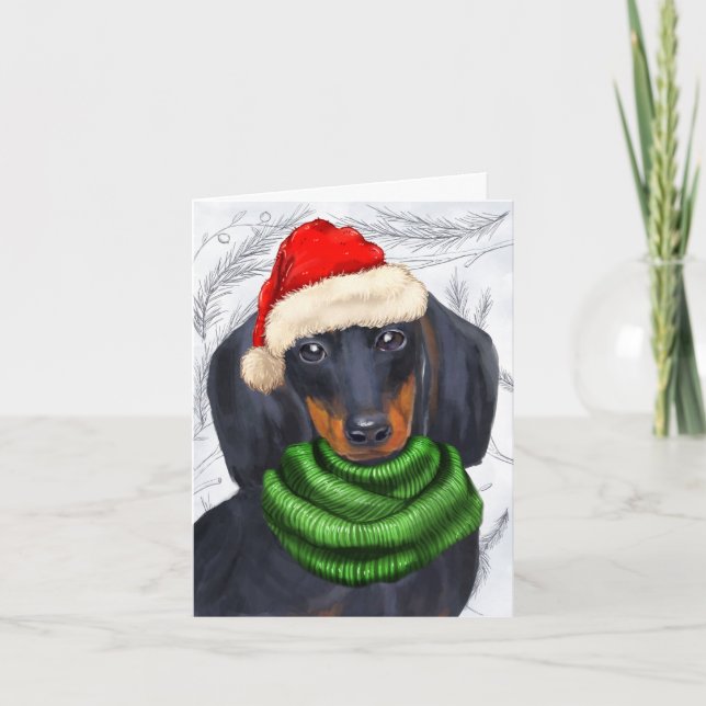 Christmas Dachshund and Botanical Pines Holiday Card (Front)