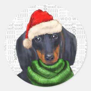 Christmas Dachshund and Woof Art Dog Lover Classic Round Sticker