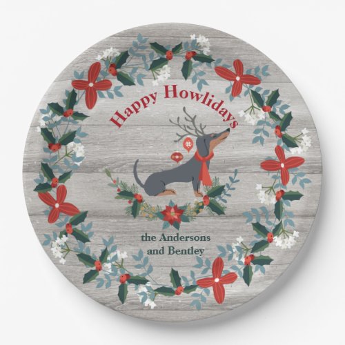 Christmas Dachshund   Dog Antlers Rustic Greenery Paper Plates