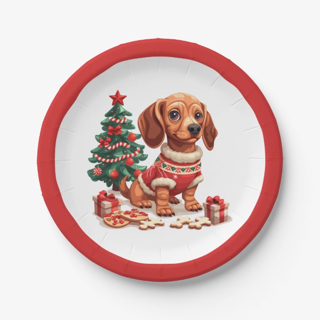 Christmas Dachshund Dog Holiday Cookies Paper Plates (Front)