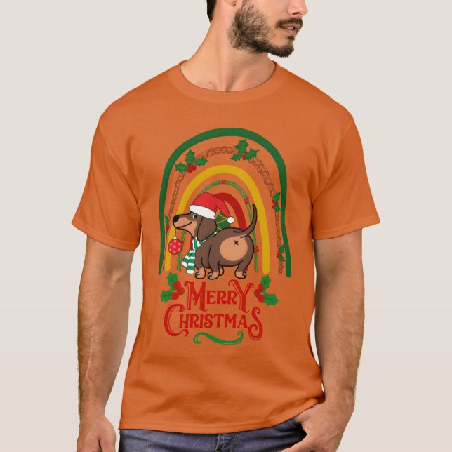 Christmas Dachshund dog wishes Merry Christmas gir T-Shirt (Front)