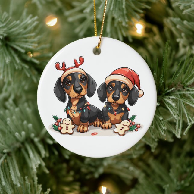 Christmas Dachshund Dogs Ceramic Ornament (Tree)