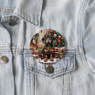 Christmas Dachshund Dogs Elf Button
