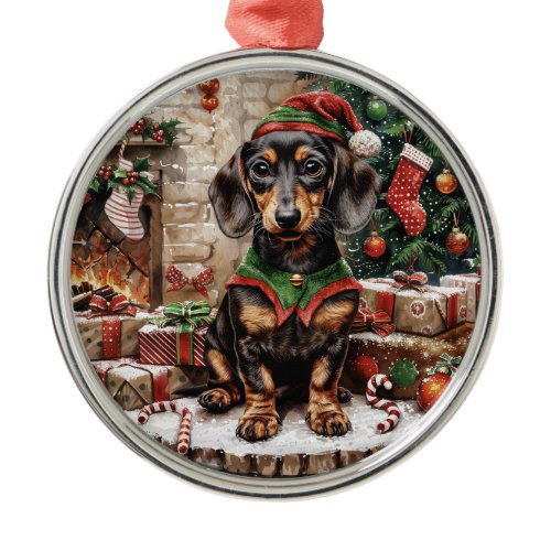 Christmas Dachshund Dogs Elf Metal Ornament