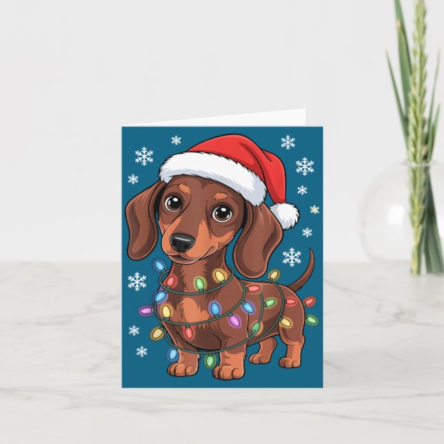 Christmas Dachshund Lights Santa Hat Holiday Dog L Card (Front)