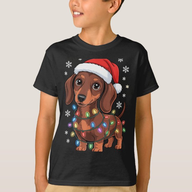 Christmas Dachshund Lights Santa Hat Holiday Dog L T-Shirt (Front)