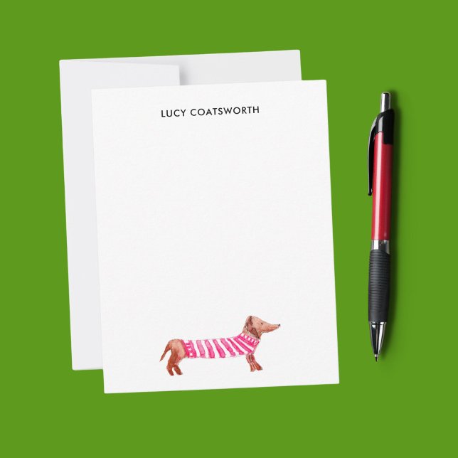 Christmas Dachshund Monogram Cute Boho Dog Lover  Note Card (This dachshund note card features my own watercolor drawing of a cute dog in a sweater.)