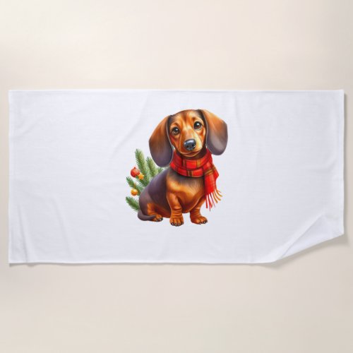Christmas Dachshund Painting _ Holiday Doxie Beach Towel