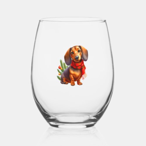 Christmas Dachshund Painting _ Holiday Doxie Stemless Wine Glass