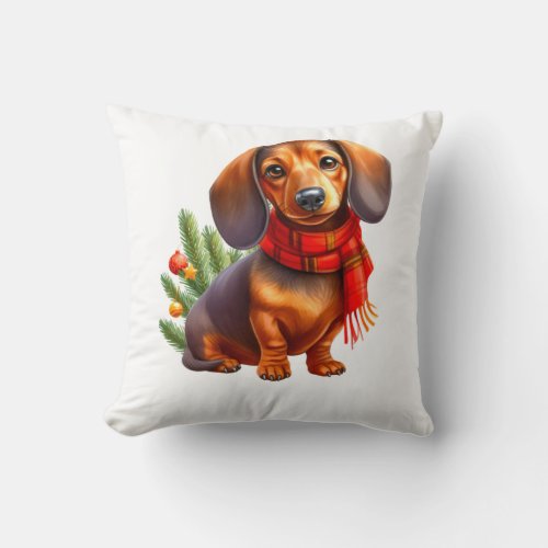 Christmas Dachshund Painting _ Holiday Doxie Throw Pillow