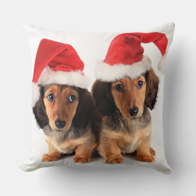 Christmas Dachshund Puppies Wearing Santa Hats Throw Pillow (Front)