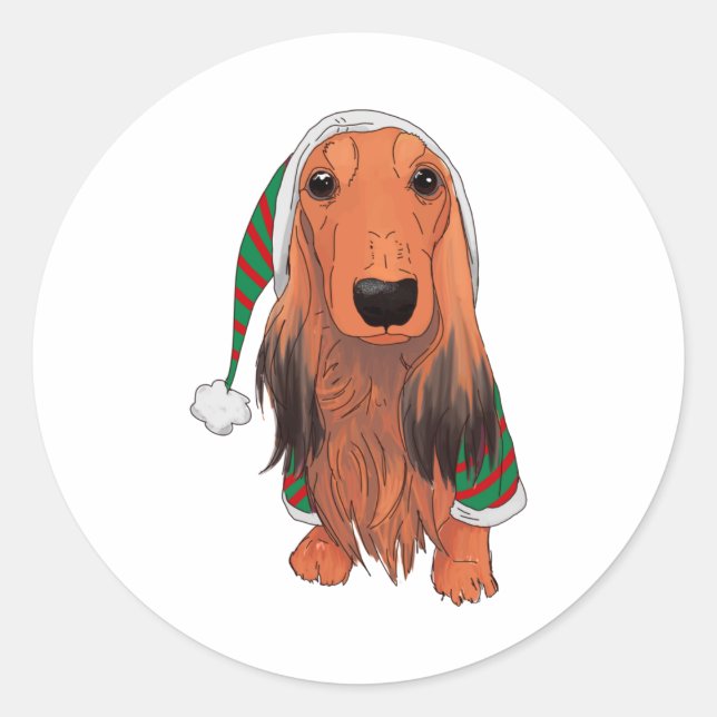 Christmas Dachshund- Red longhaired    Classic Round Sticker (Front)