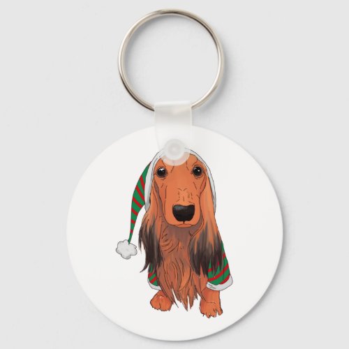 Christmas Dachshund_ Red longhaired    Keychain