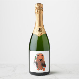 Christmas Dachshund- Red longhaired Sparkling Wine Label