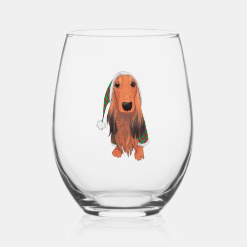 Christmas Dachshund_ Red longhaired    Stemless Wine Glass