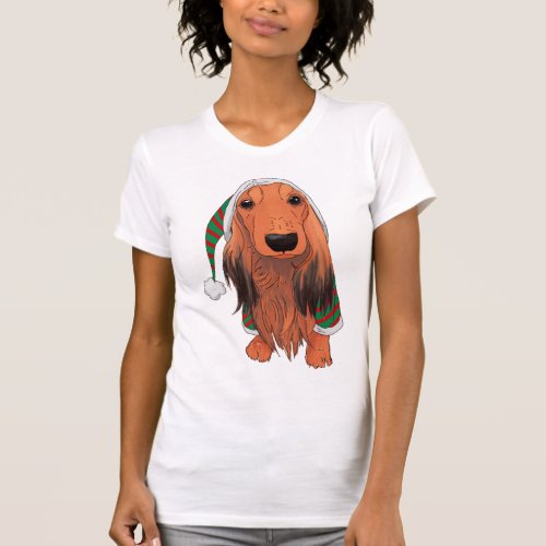 Christmas Dachshund_ Red longhaired    T_Shirt