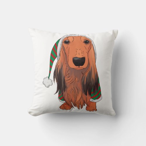 Christmas Dachshund_ Red longhaired    Throw Pillow