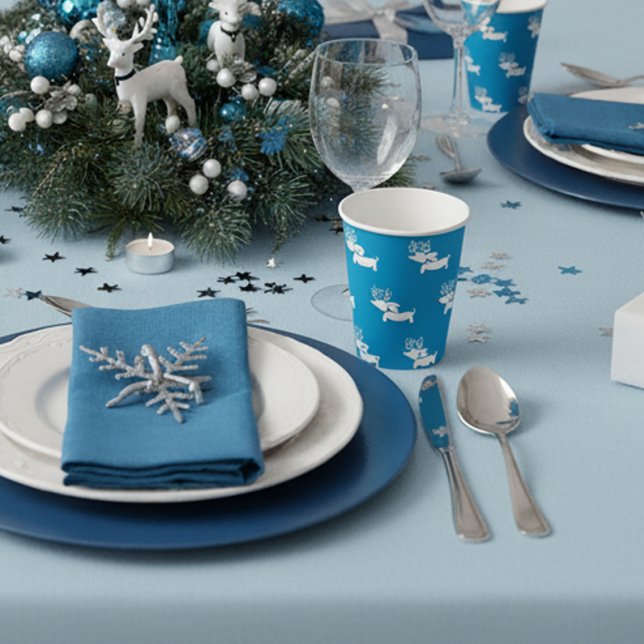 Christmas Dachshund Themed Party Blue & White Paper Cups (Dachshund Christmas Themed Party Supplies - Blue & White)
