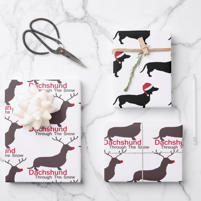 Christmas Dachshund Through The Snow Wrapping Paper Sheets (Front)