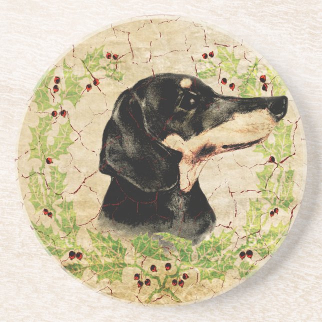 Christmas Dachshund Vintage Holly Wreath Drink Coaster (Front)