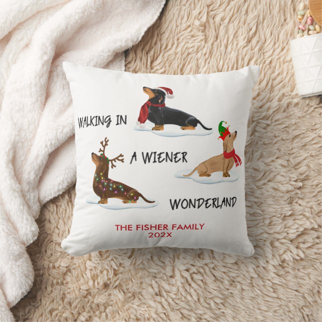 Christmas Dachshund Walking In A Wiener Wonderland Throw Pillow (Blanket)