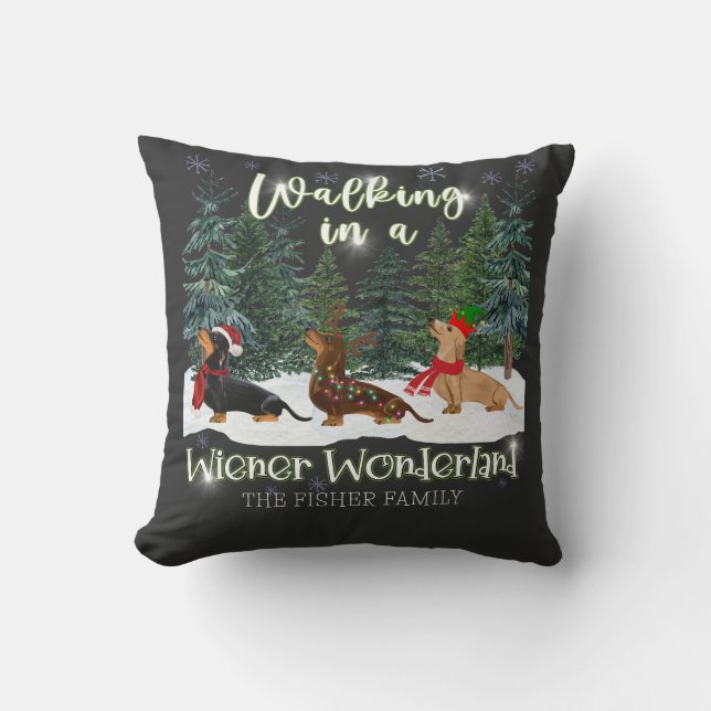 Christmas Dachshund Walking In A Wiener Wonderland Throw Pillow (Front)