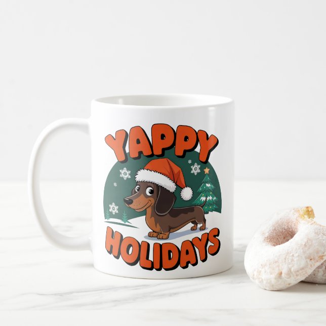 Christmas Dachshund Wiener Dog Yappy Holidays Coffee Mug (With Donut)