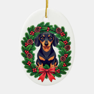 Christmas Dachshund with Festive Pine Wreath Ceramic Ornament