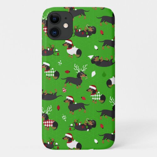 Christmas Dachshunds Green iPhone 11 Case