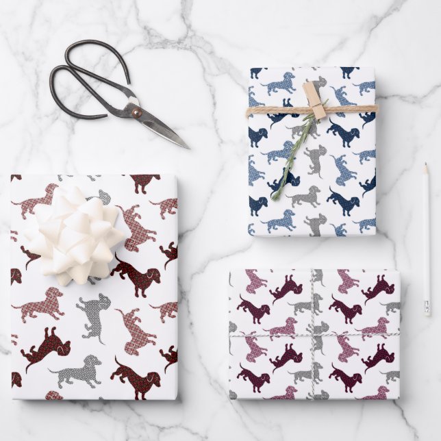 Christmas Dachshunds in Damask Wrapping Paper Sheets (Front)