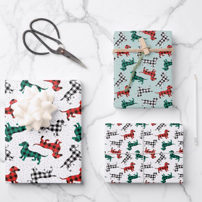 Christmas Dachshunds in Red Flannel Buffalo Plaid Wrapping Paper Sheets (Front)